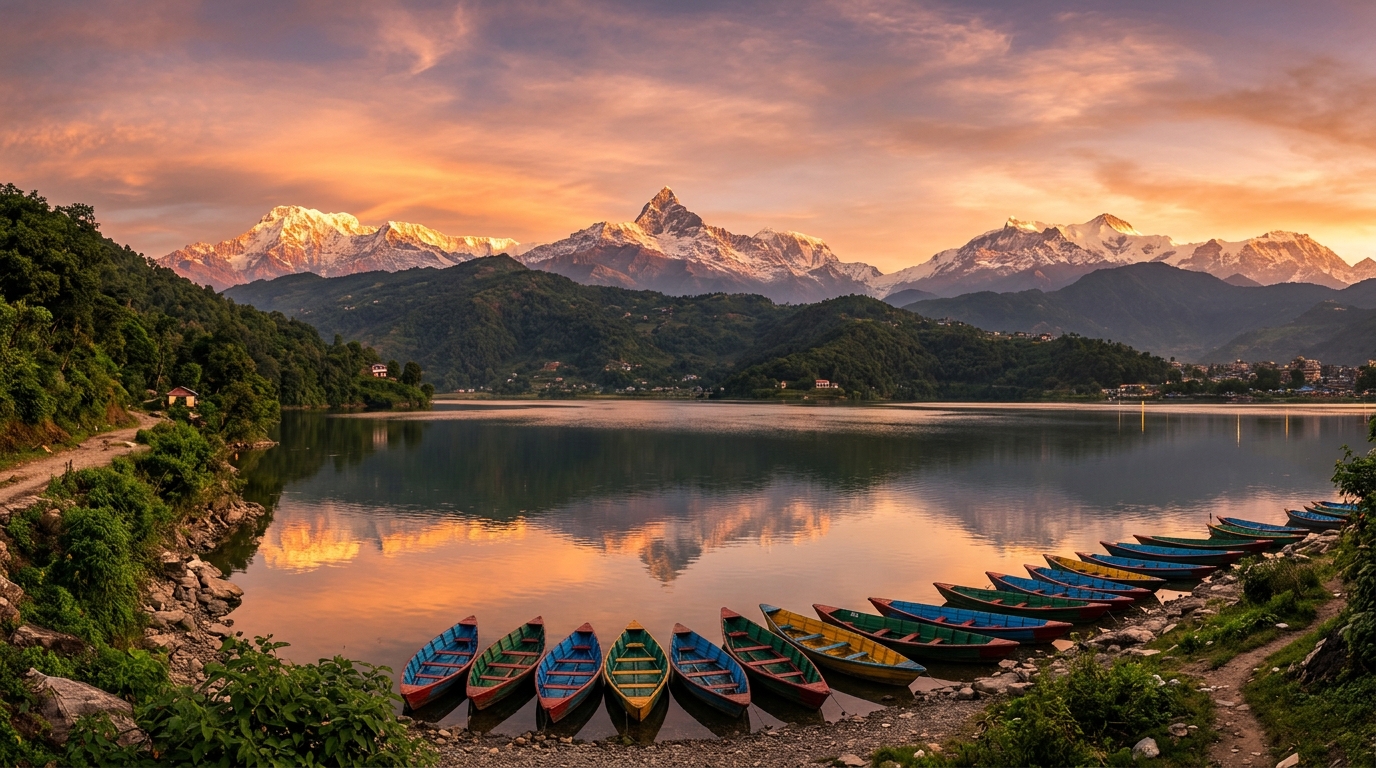 Rowing boats on Phewa Lake at sunset, with Machhapuchhre and the Annapurna range glowing behind